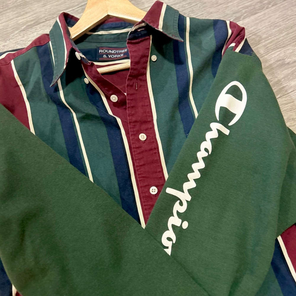 Reworked vintage champion sweatshirt and vintage men’s button down.
